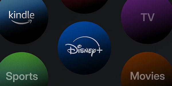 An infographic showcasing the various types of entertainment apps available on the Peloton console. The apps shown are Disney Plus, Sports, Movies, TV, and Kindle.