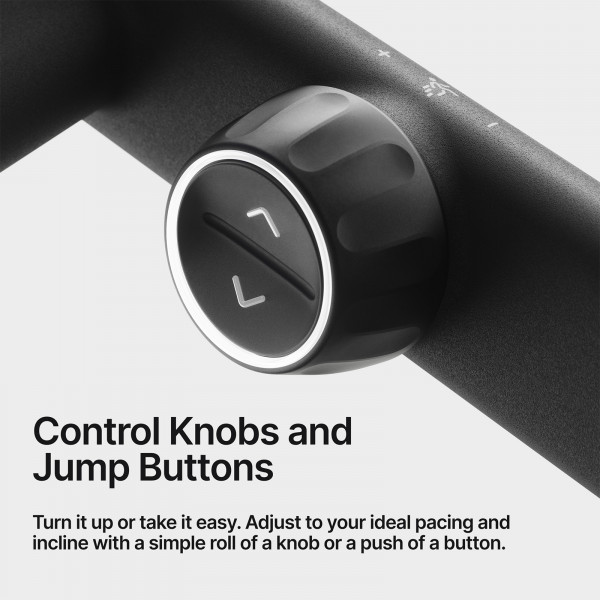 Closeup of the control knob and jump buttons on the Peloton Tread Vision