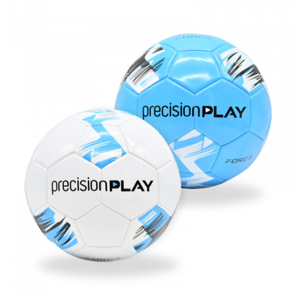 PrecisionPLAY Force Football, size 5, in fluo blue, white and black alongside the white, fluo blue and black version