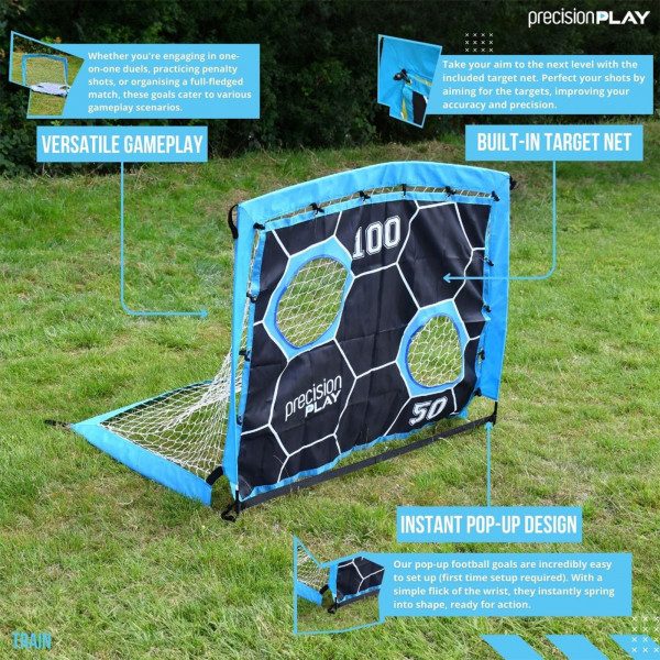 PrecisionPLAY 2-in-1 Pop-Up Target Goal in a garden with feature callouts