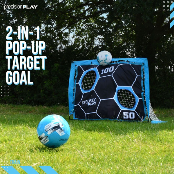 PrecisionPLAY 2-in-1 Pop-Up Target Goal in a garden with a football in the foreground