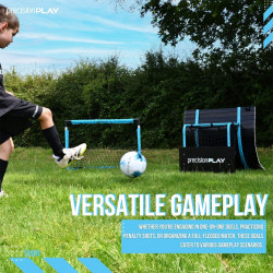 Person kicking a football toward the PrecisionPLAY Quick Folding Goal during gameplay
