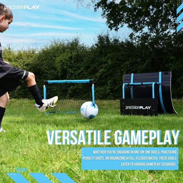 Person kicking a football toward the PrecisionPLAY Quick Folding Goal during gameplay
