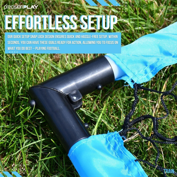 Close-up of the PrecisionPLAY Quick Folding Goal snap lock setup on grass