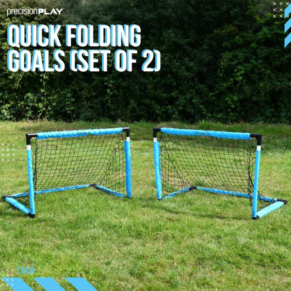 Front view of the PrecisionPLAY Quick Folding Goals Set of 2 on a field