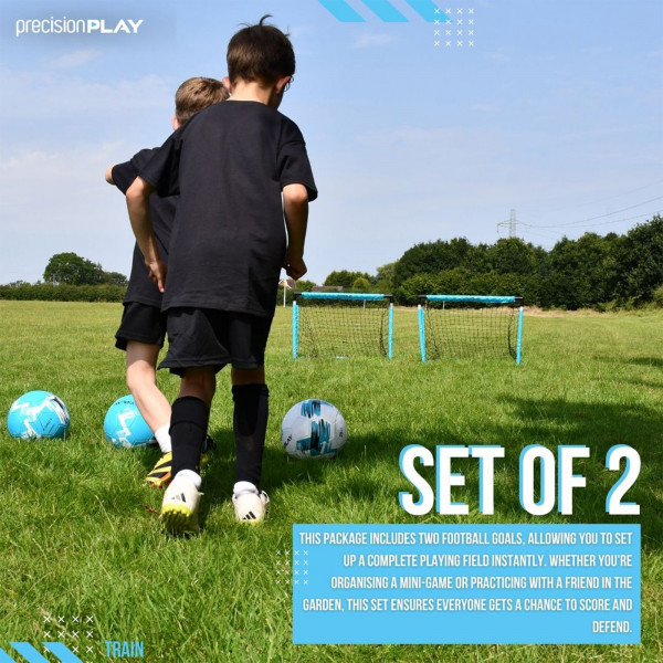 Two people walking toward the PrecisionPLAY Quick Folding Goals Set of 2 on a field
