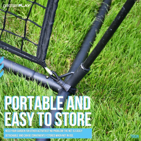 Close-up of the PrecisionPLAY Stop Net frame and net attachment on grass
