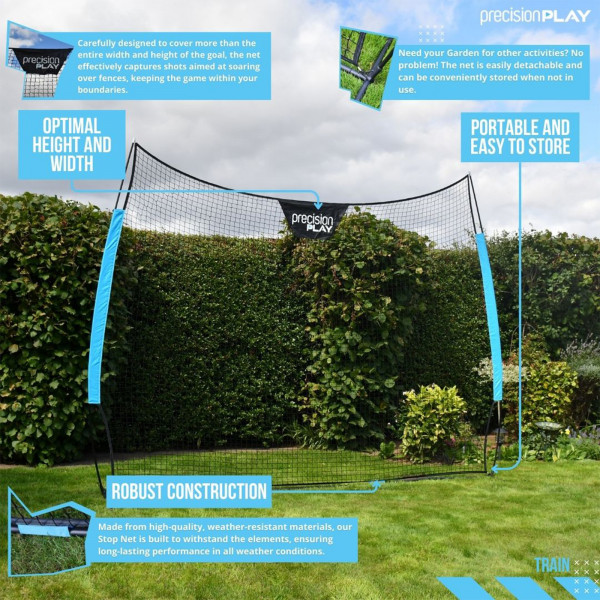 PrecisionPLAY Stop Net with feature highlights in garden setup