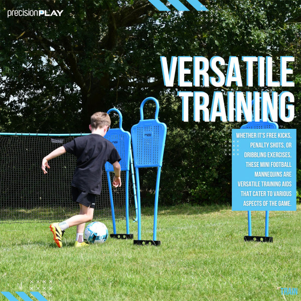 Child dribbling football around PrecisionPLAY Mini Mannequins training setup