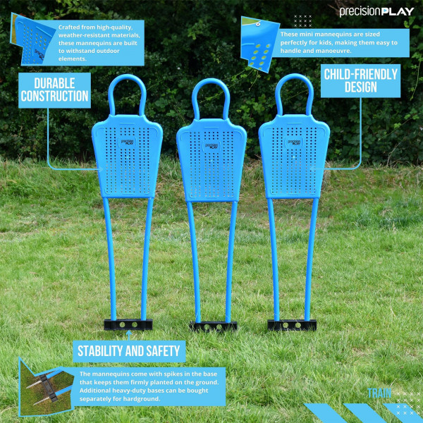 Three PrecisionPLAY Mini Football Training Mannequins on grass with feature highlights