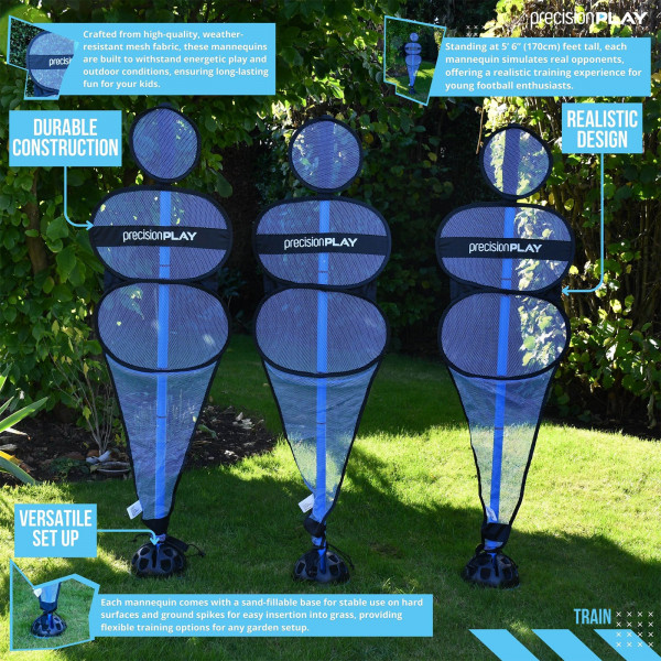 Three PrecisionPLAY Pop Up Football Training Mannequins set up on grass with feature highlights