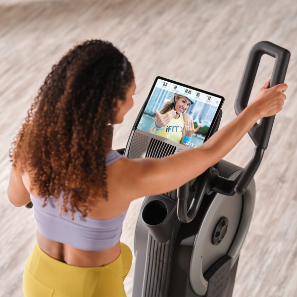 Close-up of iFIT workout streaming on the ProForm Trainer HL Elliptical Machine & Stepper console