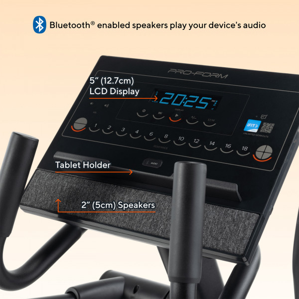 Close-up of the ProForm Carbon EL Elliptical console with Bluetooth speakers and tablet holder