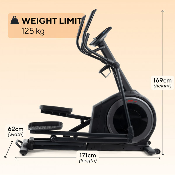 ProForm Carbon EL Elliptical dimensions and weight capacity graphic