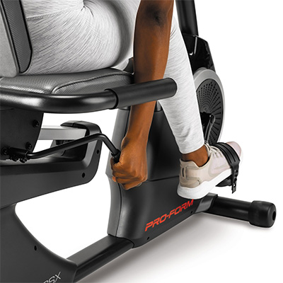 Close-up of the assist handle and pedal on the ProForm 325 CSX Recumbent Bike 