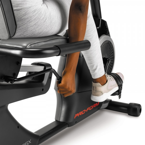 Close-up of the assist handle and pedal on the ProForm 325 CSX Recumbent Bike