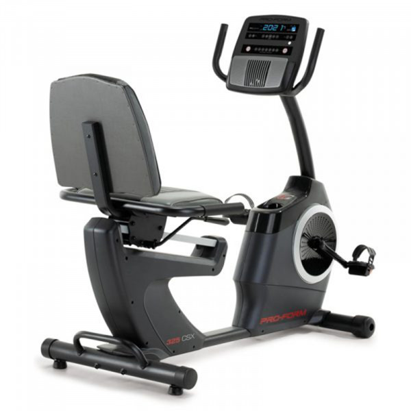 Front angled view of the ProForm 325 CSX Recumbent Bike with console display