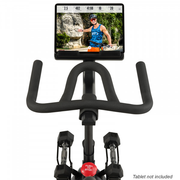 Handlebar and display close-up with tablet on the ProForm Pro Trainer 500 Bike