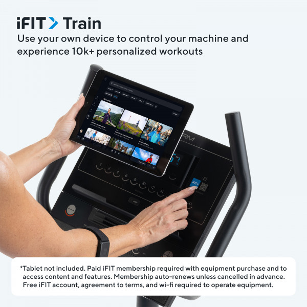 Use your own device with the ProForm 225 CSX Upright Exercise Bike and iFIT Train workouts