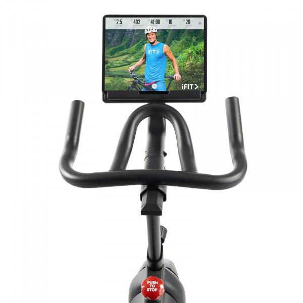 Front view of console and handlebars with tablet on the ProForm Sport CX Bike