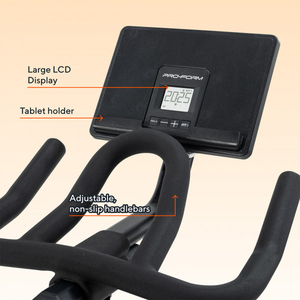 Close-up of LCD display, tablet holder, and handlebars on the ProForm Sport CX Bike