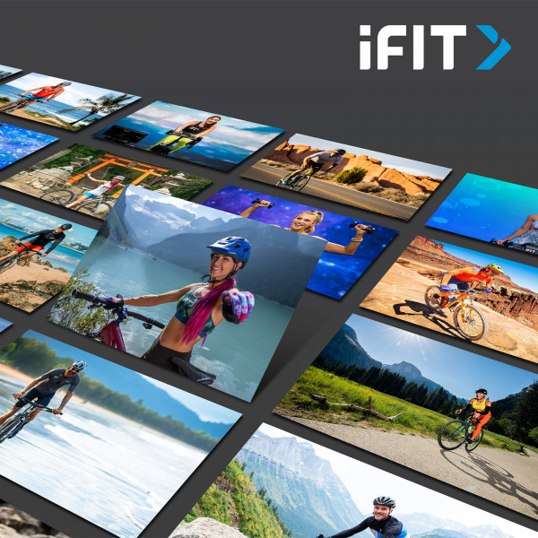 iFIT workout collage featuring cycling and fitness scenes