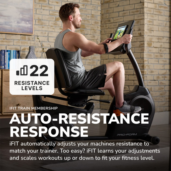 Side view of a user cycling on the ProForm 325 CSX Recumbent Bike with auto resistance response