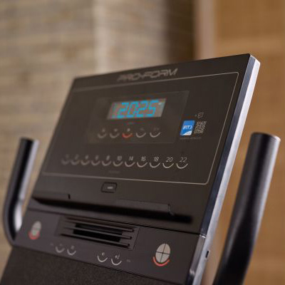Close-up angled view of the ProForm 325 CSX Recumbent Bike console with LCD display 