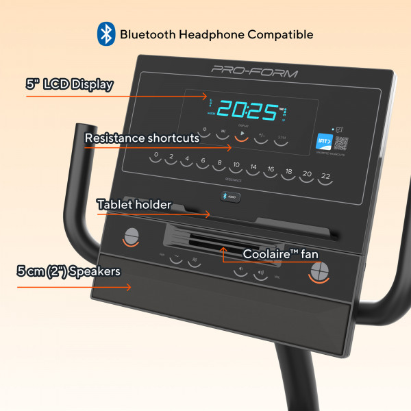 Close-up of the ProForm 325 CSX console with 5" LCD display and tablet holder