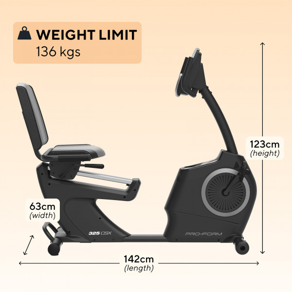 Side profile of the ProForm 325 CSX Recumbent Bike with dimensions and weight capacity