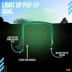PrecisionPLAY Light Up Pop-Up Goal feature graphic showing illuminated frame and dusk-play callouts