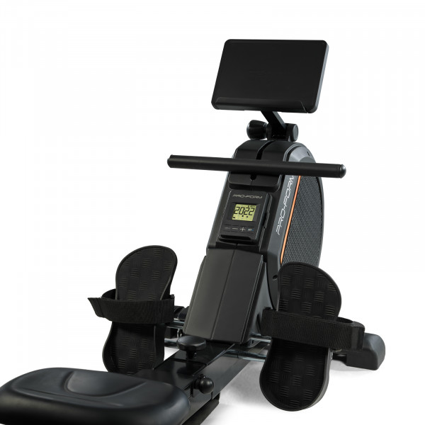 A product image of the ProForm 550R Rower display. The picture shows the tablet holder without a tablet.