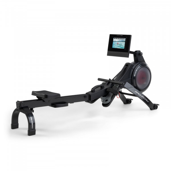 Angled view of the ProForm Carbon Pro10 Rower with seat rail and touchscreen console