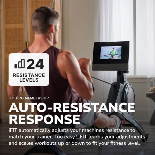 Graphic showing 24 resistance levels and auto-resistance response on the ProForm Carbon Pro10 Rower