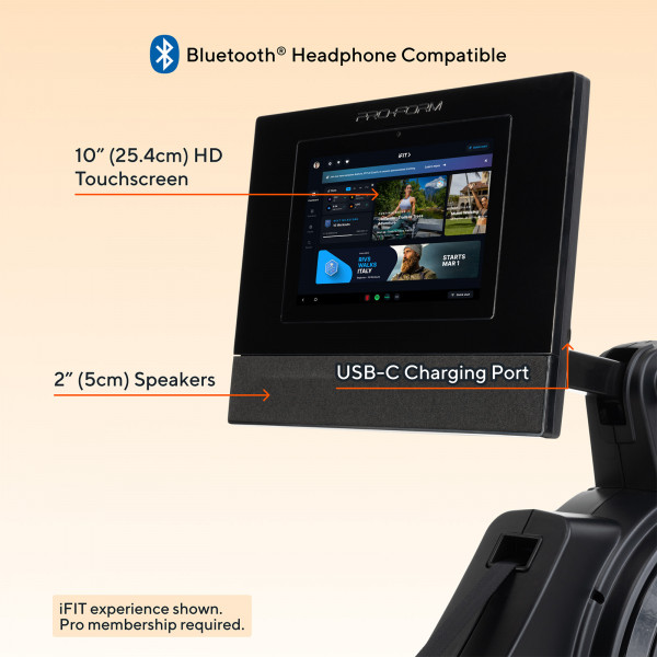 Console graphic for the ProForm Carbon Pro10 Rower showing touchscreen, speakers, USB-C port, and Bluetooth compatibility