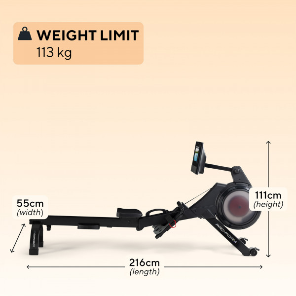 Dimensions graphic for the ProForm Carbon Pro10 Rower with 113 kg weight limit