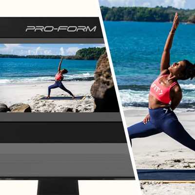 Close-up of the ProForm touchscreen displaying a beach yoga workout from the iFIT training platform 