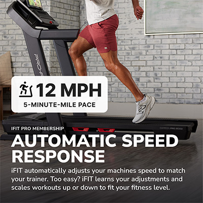 Model running on the ProForm Carbon Pro 9000 Treadmill with automatic speed response 