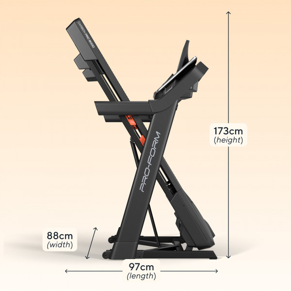 Folded side view of the ProForm Carbon Pro 9000 Treadmill with dimensions