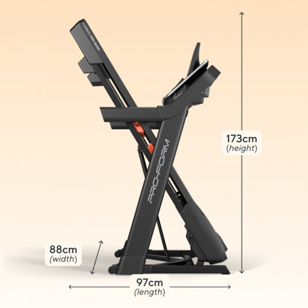 Folded side view of the ProForm Carbon Pro 9000 Treadmill with height and width labels