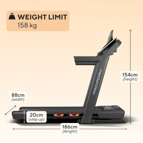 Side profile of the ProForm Carbon Pro 9000 Treadmill with weight limit and measurements