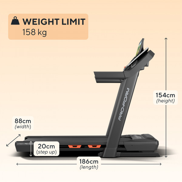 Side view of the ProForm Carbon Pro 9000 Treadmill with dimensions