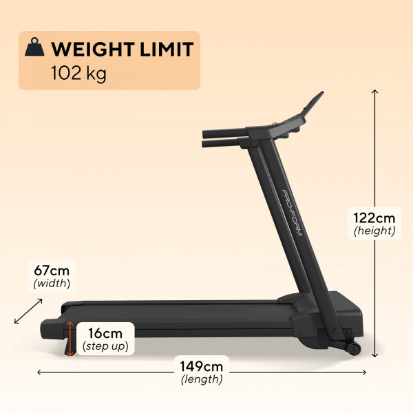 Side profile of the ProForm Sport Treadmill with dimensions and weight limit