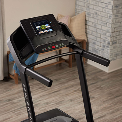 Angled close-up of the ProForm Carbon TL Treadmill console with workout display 