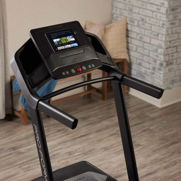Angled close-up of the ProForm Carbon TL Treadmill console with workout display