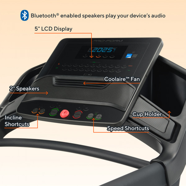 Console feature breakdown with Bluetooth speakers and LCD display on the ProForm Carbon TLS Treadmill