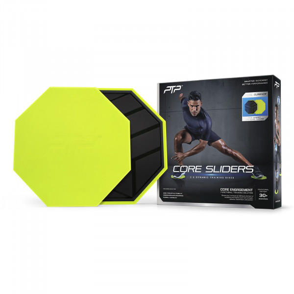 A product image showing the PTP Core Sliders alongside the retail packaging box.
