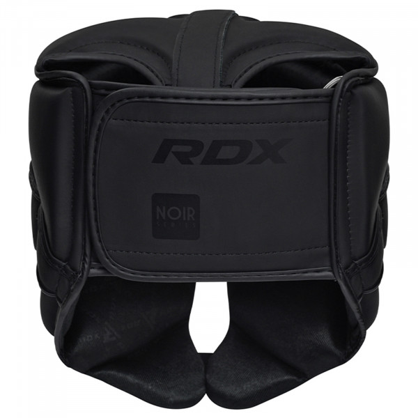 White background product image showcasing the rear of the RDX Head Guard. The head guard is part of the Noir series, which has a matte black aesthetic.