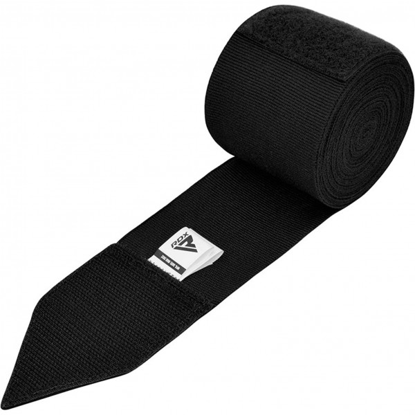 A white background image of the RDX WX Boxing Hand Wraps in black. The product is unwrapped slightly to show the material.