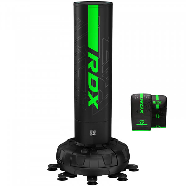 Front view of the RDX F6 6ft Kara Free-Standing Punch Bag in green with mitts.